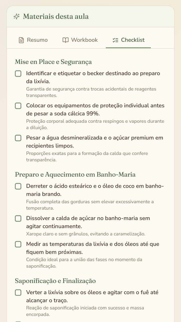 Materiais de estudo gerados para cada aula: resumo, workbook e checklist